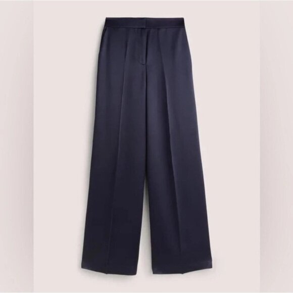 NEW Boden Wide-Leg Satin High-Rise Navy Blue Pockets Trousers Pants Women's 10 - Picture 1 of 15